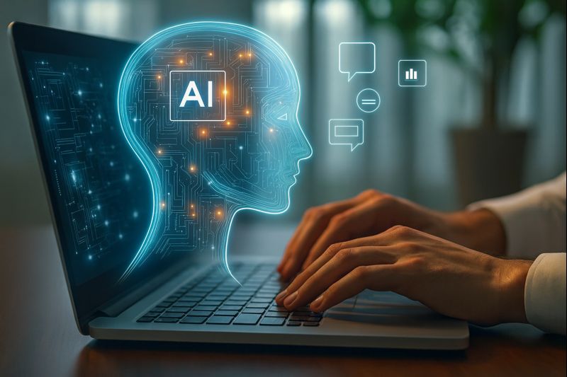 A professional using AI tools on a laptop, illustrating how people who adopt AI gain an advantage in the workplace.