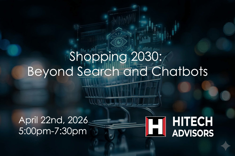 A miniature metal shopping cart sitting on a dark surface, with glowing blue holographic data charts, graphs, and digital interfaces floating out of the basket.