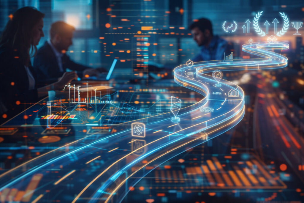 AI adoption for business leaders roadmap showing stages of team readiness, capability development, and integration of AI into workflows.