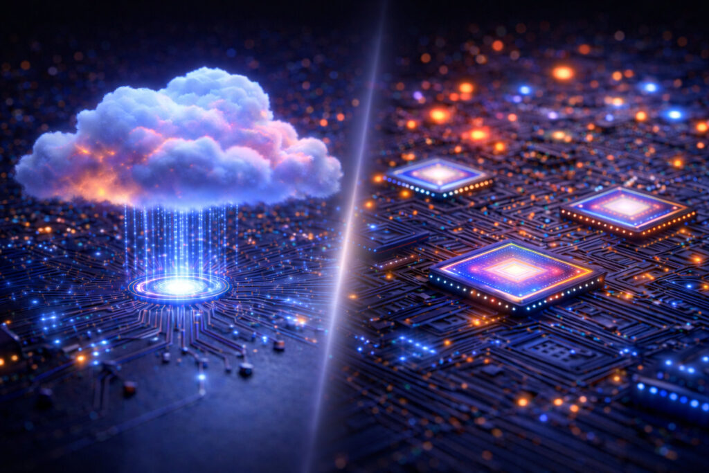 Side-by-side comparison of cloud computing and edge AI, showing a cloud icon next to a software engineer working locally to represent on-device intelligence